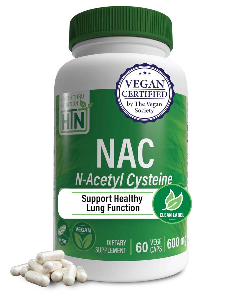 Zdraví Thru Nutrition NAC N- Acetyl- Cysteine 600mg 60 Kapsle 124; Vegan Certified Appropriate 124; The Purest NAC Supplement Appropriate 124; Podporuje zdravé plíce, funkce jater a buněčné zdraví 124; Non- GMO Soy & gluten zdarma