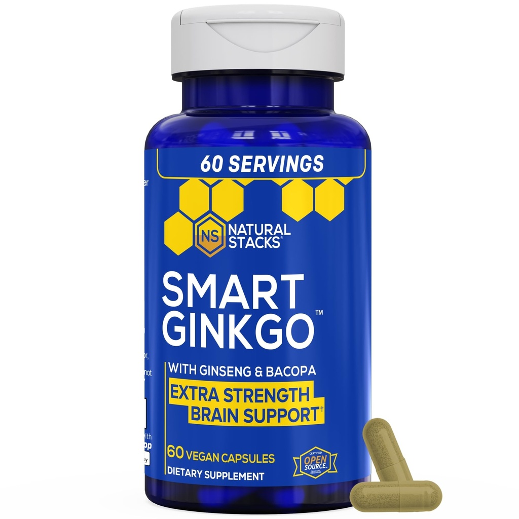 PŘÍRODNÍ STACKS Ginkgo Biloba dodatek s 200mg Panax Ginseng & 200mg Bacopa Monnieri - Mozkové doplňky pro paměť a soustředění - Korejské ženšen pro podporu zdraví mozku - 60 Ginkgo Biloba Kapsle