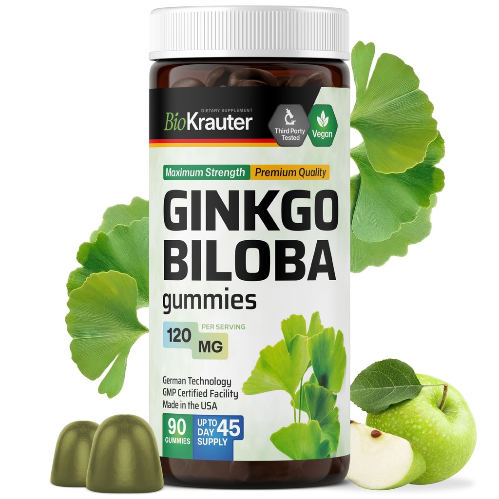 BIO KRAUTER Ginkgo Biloba Gummies - 90 Vegan Chews - Ginkgo Biloba doplňky pro podporu mozku - 120 mg Standardizovaný extrakt - Pectin- based Formule