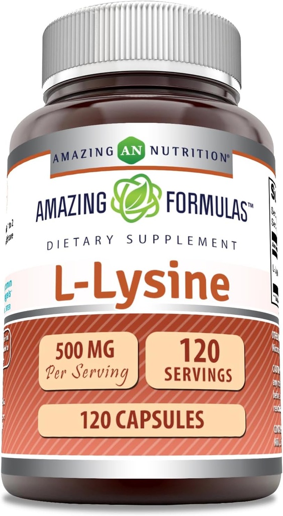 Amazing Applicas L- Lysin 500 mg Kapsle Amino Acid Supplementary 124; Non- GMO AIIR 124; Gluten Free AII124; Made in USA (120 Count)