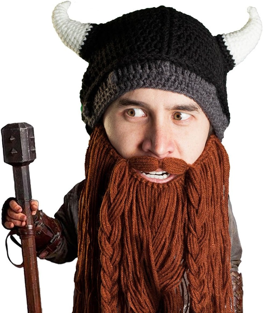 Vousatá hlava Viking Pillager - Původní ručně vyrobený Knit Viking Horn Helma a odstranitelný pletený Brown / Black Beard