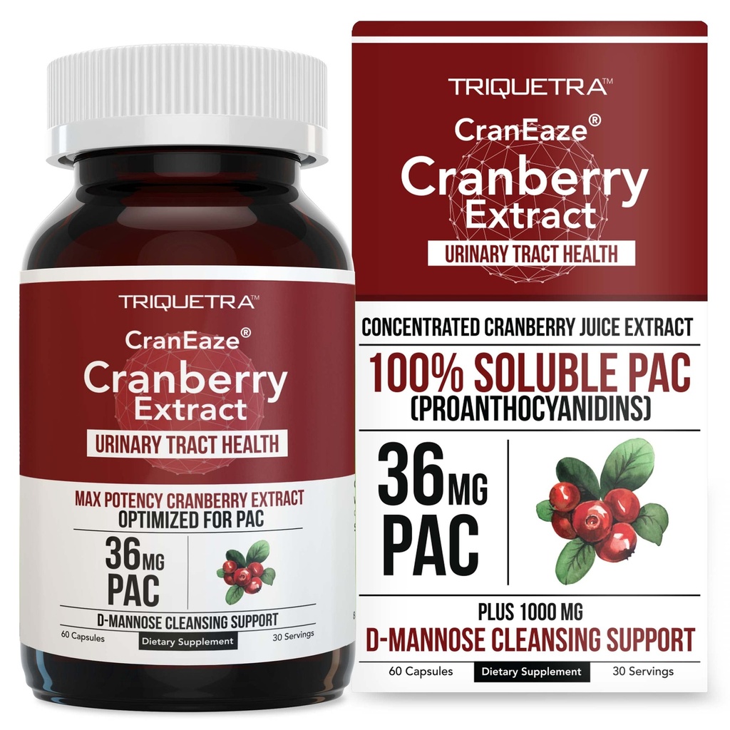CranEaze ®: Cranberry Juice Extract Plus D- Mannose - 36 mg PAC, 100% Soluble PAC - Podporuje močové trakt zdraví - Nejúčinnější Cranberry pilulky pro ženy, UTI Cranberry dodatek - 60 Kapsle