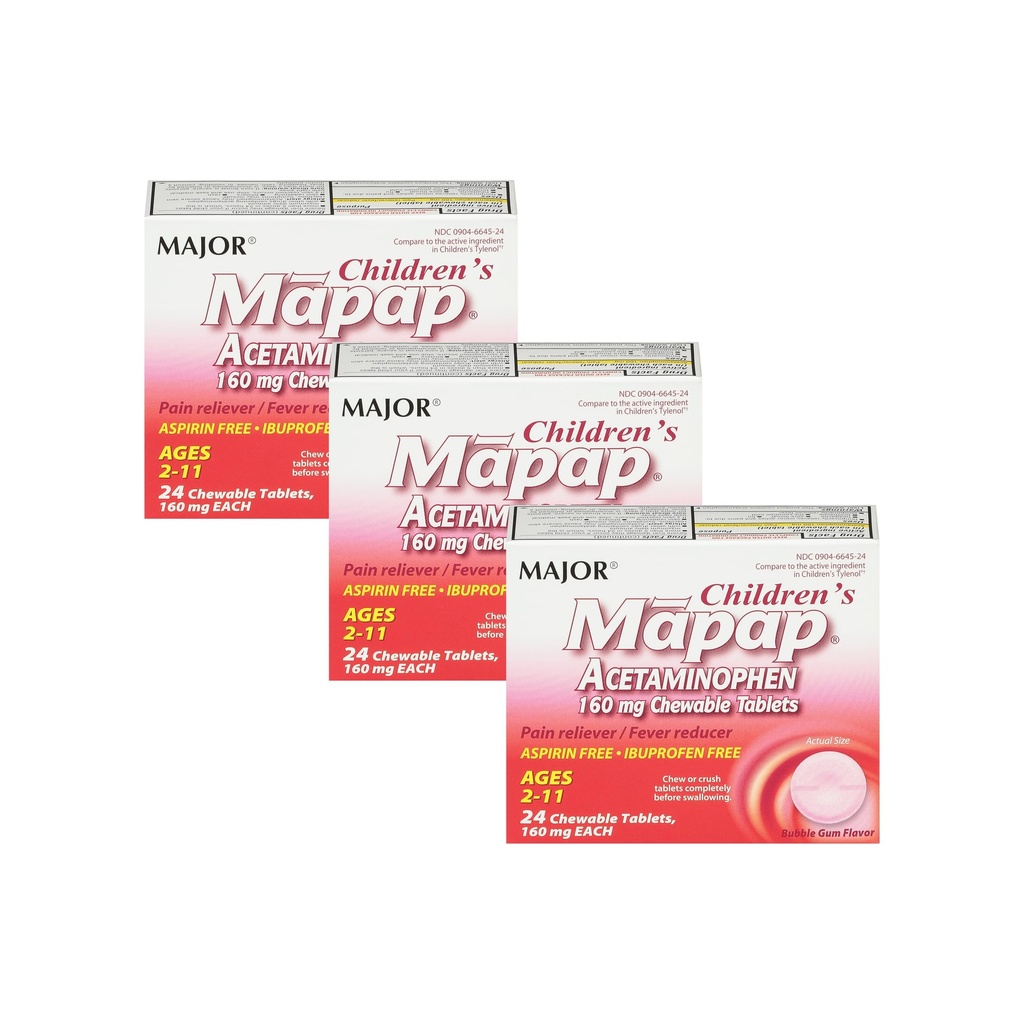 MAJOR Dětské mapap Acetaminofen 160 mg Žvýkací tablety - Reliever / Horečka Reducer - Aspirin Free - Ibuprofen Free - pro věk 2 až 11-24 Počet (3 balení)