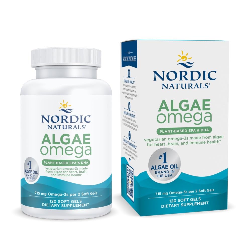 Nordic Naturals Algae Omega - 120 Soft Gels - 715 mg Omega33 - Certified Vegan Algae Oil - Plant- Based EPA & DHA - Heart, Eye, Imunity & Brain Health - Non- GMO - 60 Servings