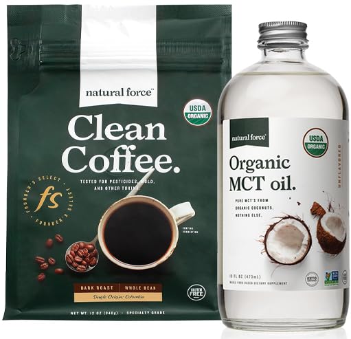 Natural Force Organic Dark Roast Clean Coffee + Organic MCT Oil Bundle - 100% čisté kokosové MCTs & Mold & Mycotoxin Free Coffee - Non- GMO, Keto, Paleo, a Vegan - 12 Oz a 16 Oz