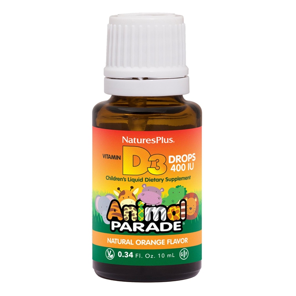 NaturesPlus Animal Parade Liquid Vitamin D3 Kapky pro děti - 400 IU, 10 ml - Orange Flavor - Bone Health & Imunitary System Supplement - Gluten Free, Vegetarian - 365 Servings