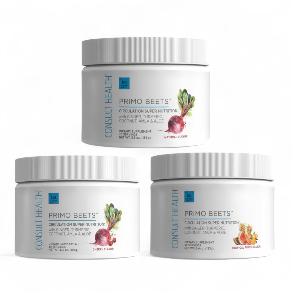 Consult Health Primo Beets Beet Root Powder Drink Mix s dusičnany, Denní Cirkulační podpora s Ginger a kurkuma, 3 balení flavors, třešně, borůvky a jahodové citronády 6.5 oz
