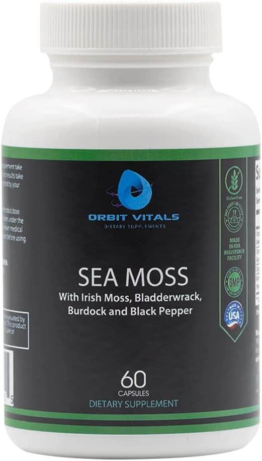 Moss s irským Moss Burdock Root Bladderwrack & Black Pepper - Nutrients-Rich Superfood for Immunote, Digestive, Joint, Skin Health - Vegan, Non- GMO - 60 Irské Moss Kapsle, Made in USA
