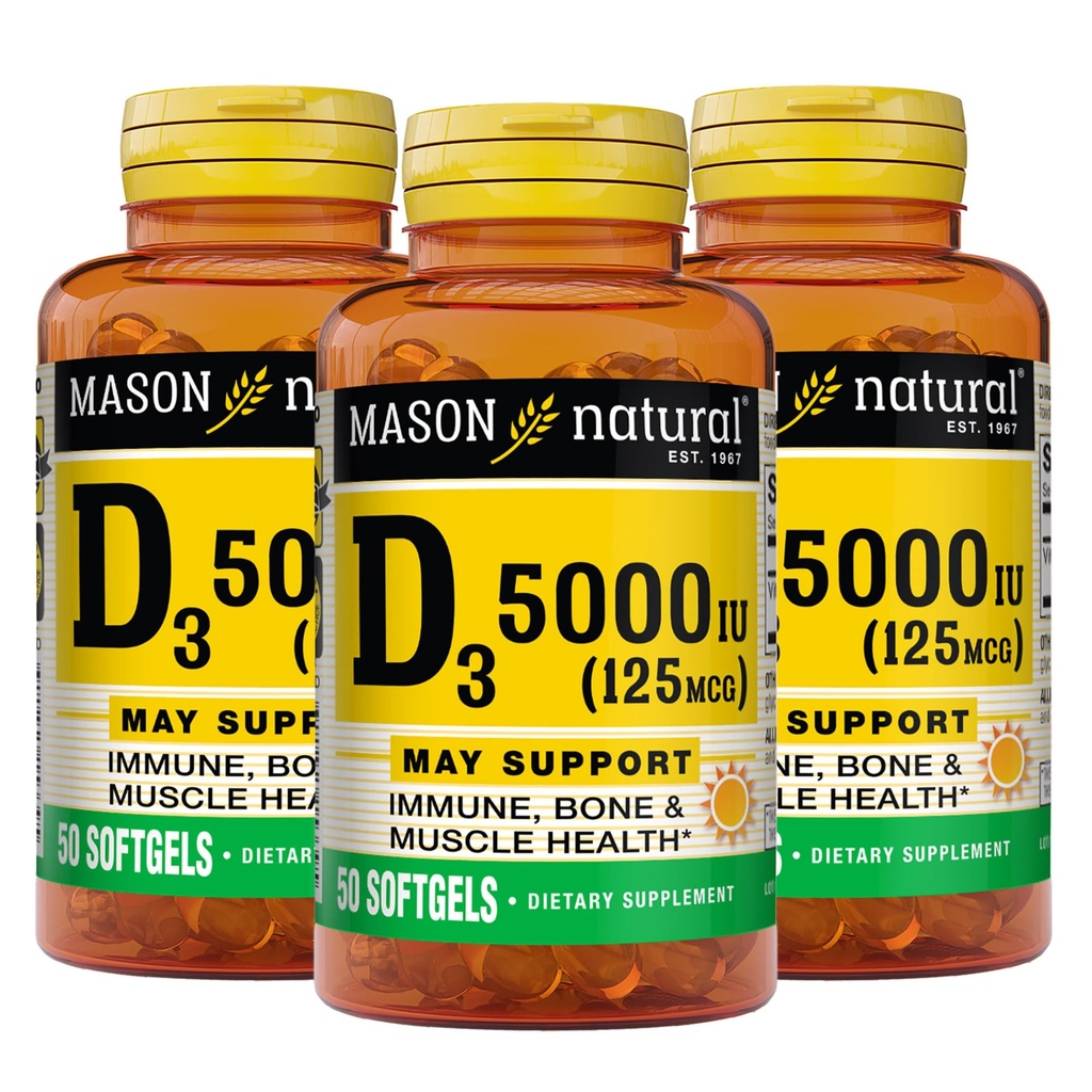 MASON NATURAL Vitamin D3 125 mcg (5000 IU) - podporuje celkové zdraví, posiluje kosti a svalstvo, z rybího jaterního oleje, 50 Softgels (balení po 3)