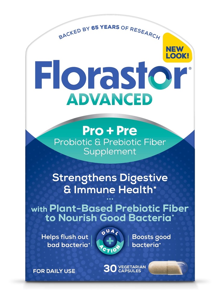Florastor Advanced Pro + Pre Daily Probiotic and Prebiotic Supplement for Fomen and men, Boosts Good Bakteria, Saccharomyces Boulardii CNCM I-745 (30 kapslí) (Balení po 1)