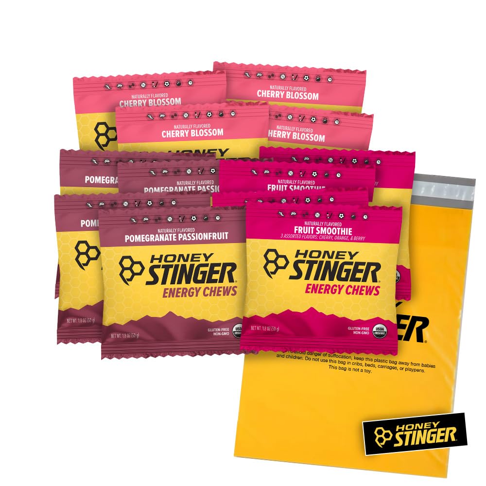 Med Stinger Organic Energy Chews - Variety Pack - 12 Počet - 4 z každého Flavor - Chewy Gummy Energy Source - Cherry Blossom, Fruit Smoothie & Pomegranate Passionfruit - Plus Sticker a polybag