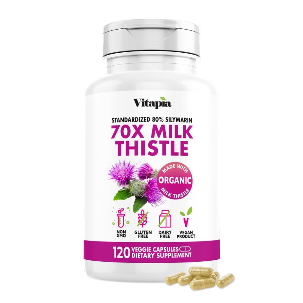 Vitapia Organic Milk Thistle Extract 70: 1 dodatek - Játra čištění Detox & Opravy, Podpora zdraví jater, Antioxidanty - 120 Vegan Kapsle, Non GMO, Gluten zdarma
