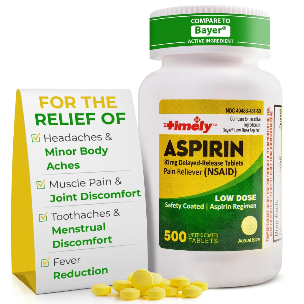 Včasná nízká dávka Aspirin 81mg pro dospělé - Reliever bolesti pro menší pohyby a snížení horečky - Ve srovnání s aktivní složkou přípravku Bayer - Enterický aspirin s nízkou sílou - 500 tablet