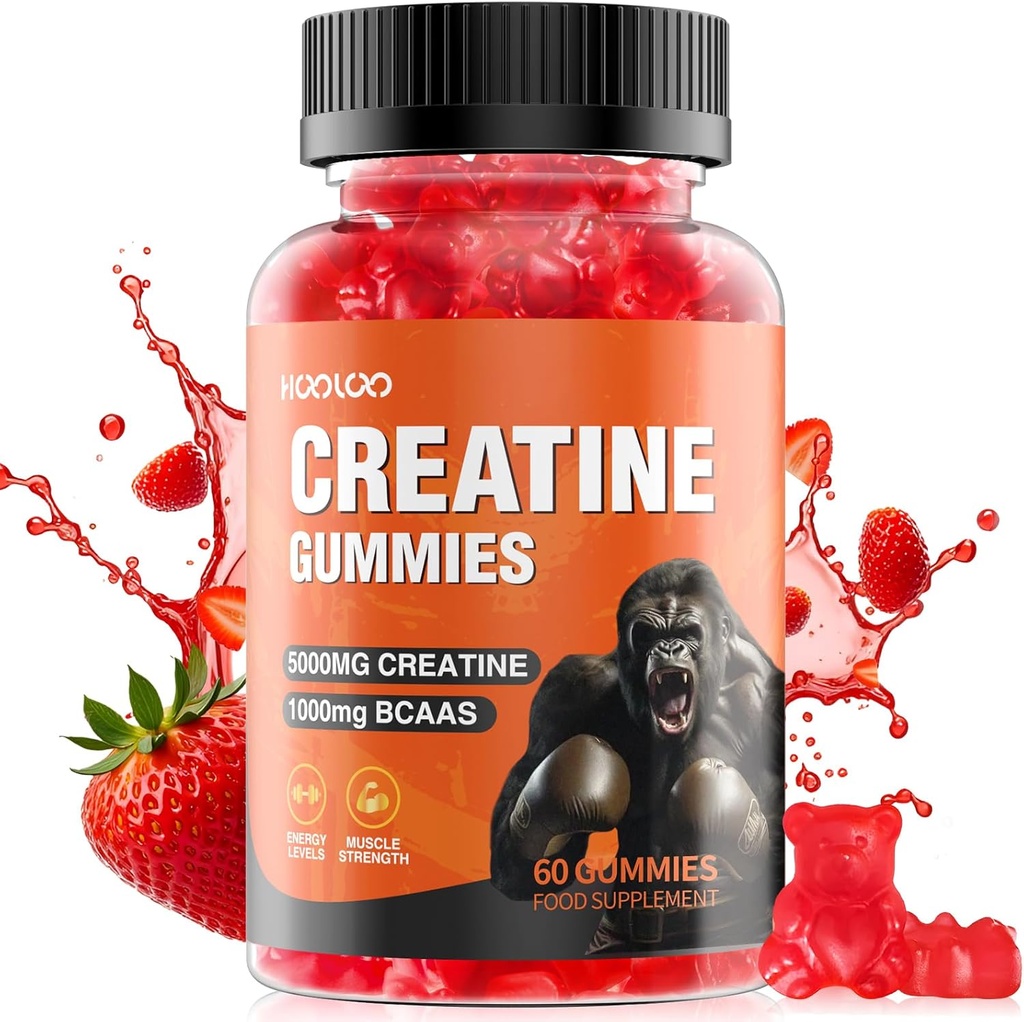 HOOLOO Creatine Gummies 5000mg Creatine Monohydrát, 1000mg BCAA per Serving - Žvýkací Vegan Cukr zdarma Gummies, Jahodová příchuť (1 měsíc dodávky)
