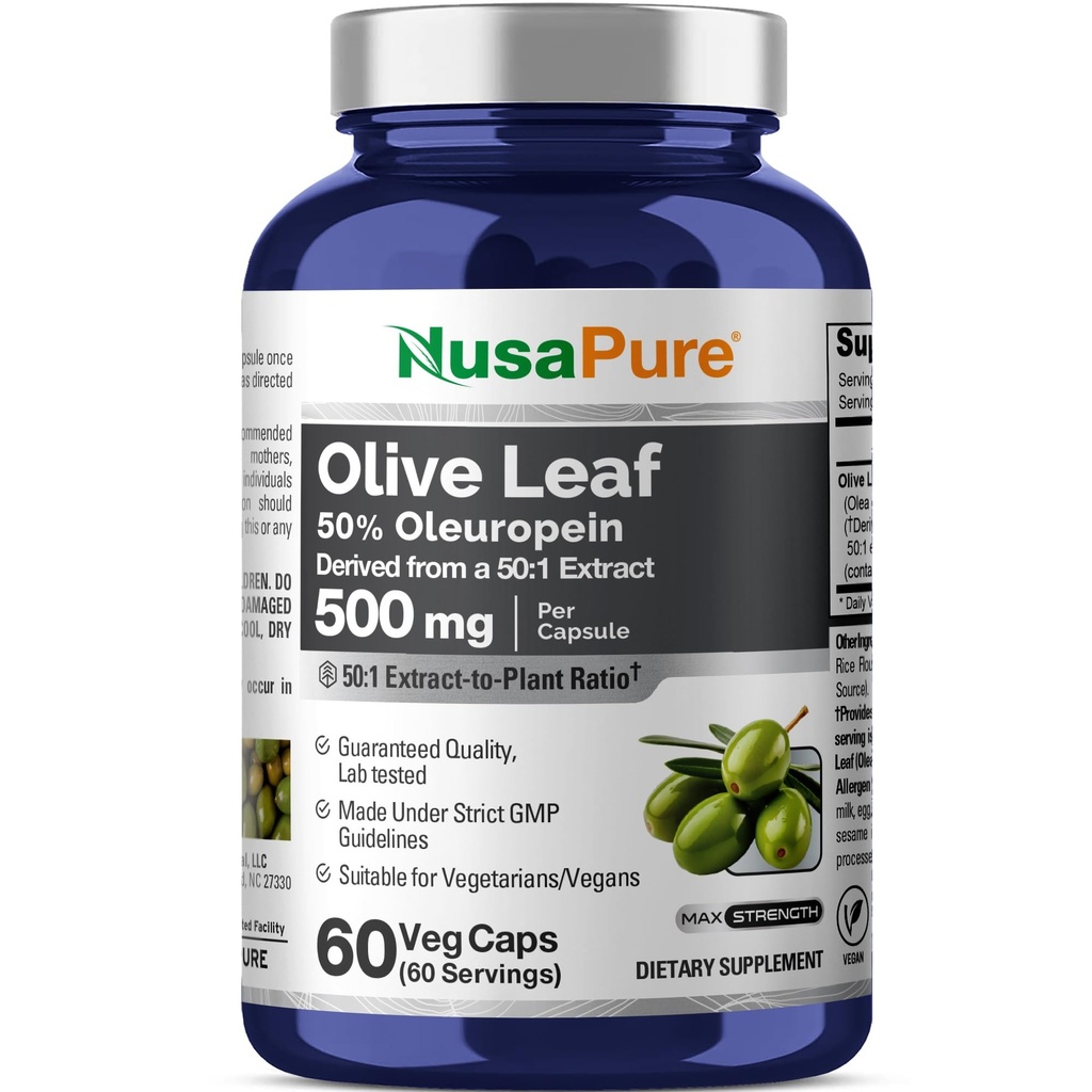 NusaPure Olive Leaf 50: 1 Extract, 500 mg Ekvivalentní k 25,000mg - 50% Oleuropein Vegan / Vegetarian - Super síla č. olej 60 Kapsle