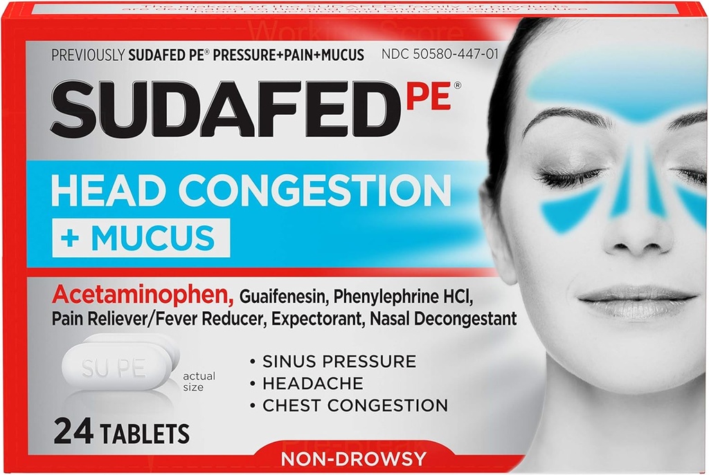 Sudafed PE Head Congestion + Mucus Tablety pro Sinusový tlak, bolest a zácpa, 24 ct