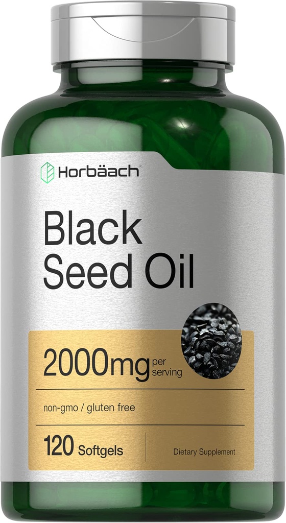 Horbaach Black Seed Oil Cold Pressed Softgel Kapsle 124; 2000mg Capsle 124; 120 Count Capsule 124; Dodatek s Omega 6 a 9 Capsule 124; Nigella Sativa Capsule 124; Non- GMO a gluten zdarma