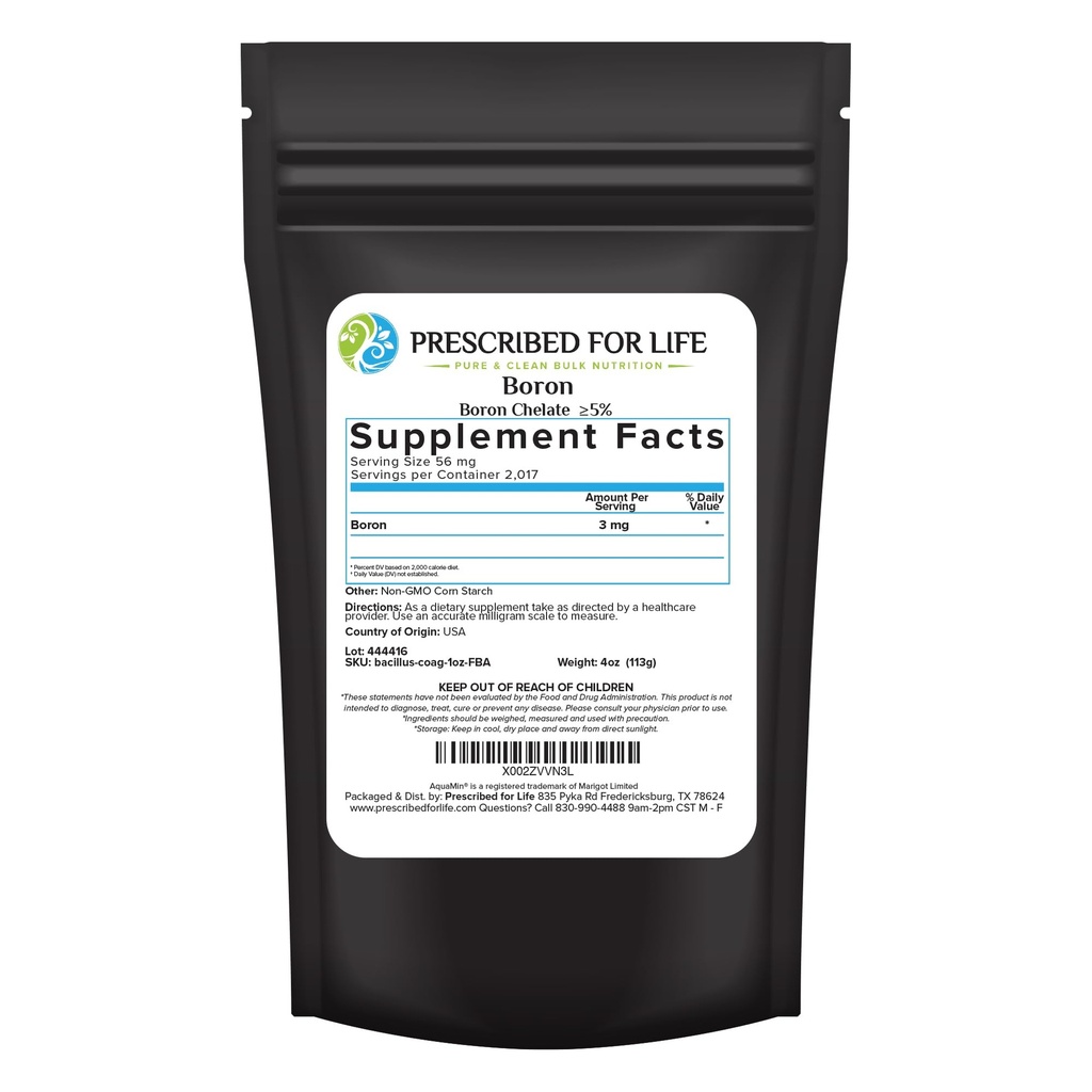 Předepsaný pro život Boron Chelate 5% prášek, přírodní boron doplněk pro muže a ženy, gluten zdarma, Vegan, non GMO (113g)