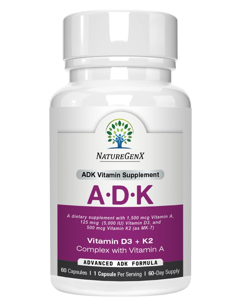 ADK vitamin Supplement 5000 IU - vysoce potentní vitaminy A, D3 a K2 pro kostní zdraví a absorpci vápníku 124; gluten- Free vitamin ADK dodatek, 60 Day Supply, 60 Kapsle