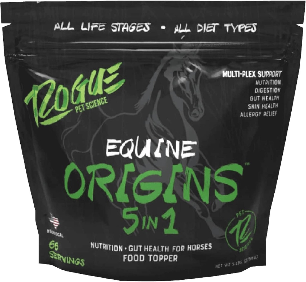 ROGUE PET SCIENCE Origins 5-in-1 Horse Supplement - Peleted Equine Food Topper w / Natural Omega 3 Fish Oil - Podporuje Gut Health, Ulcer Relief & Joints-Helps Alergie, Kůže a zdraví kabátů (5 liber)