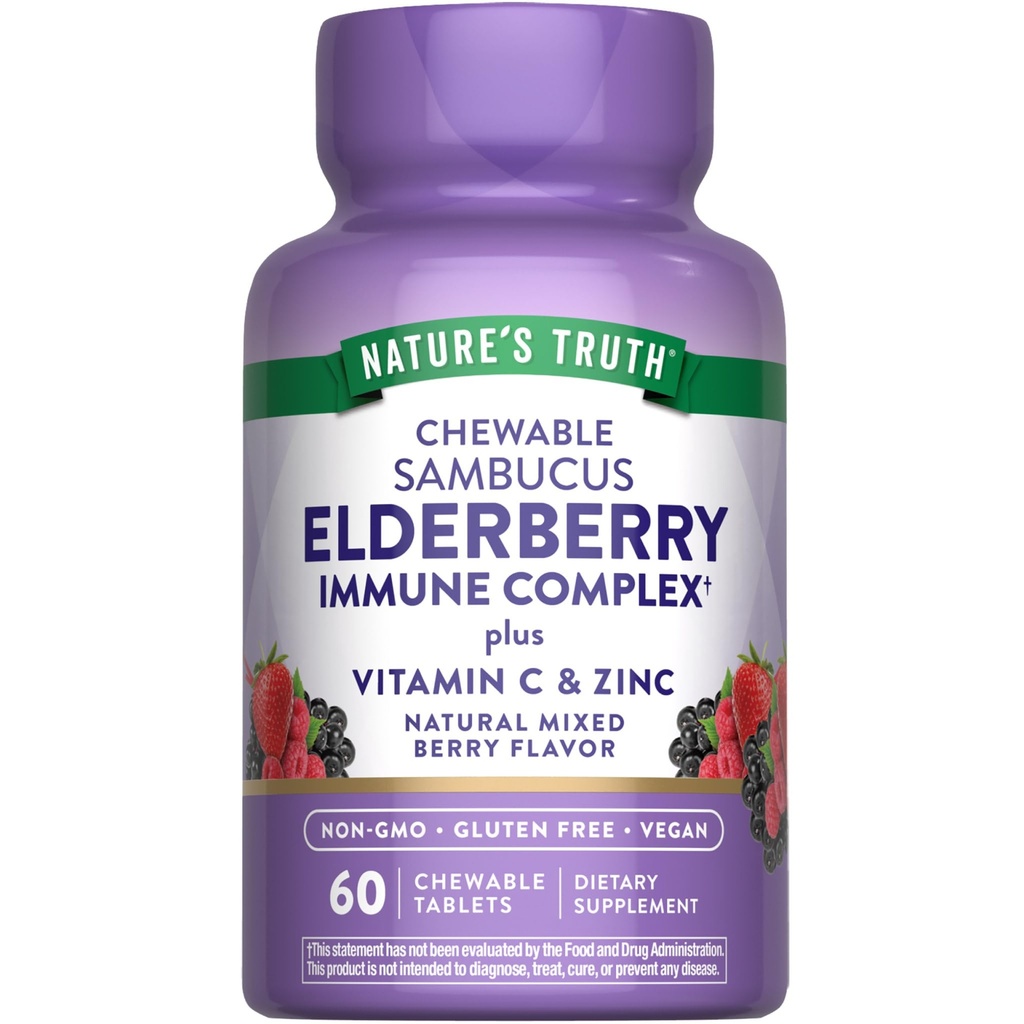 Nature 's Truth Elderberry imunitní komplex 124; 60 Žvýkací tablety 124; Plus Vitamin C & zink 124; Smíšené Berry 124; Vegan, Non- GMO, & gluten zdarma dodatek