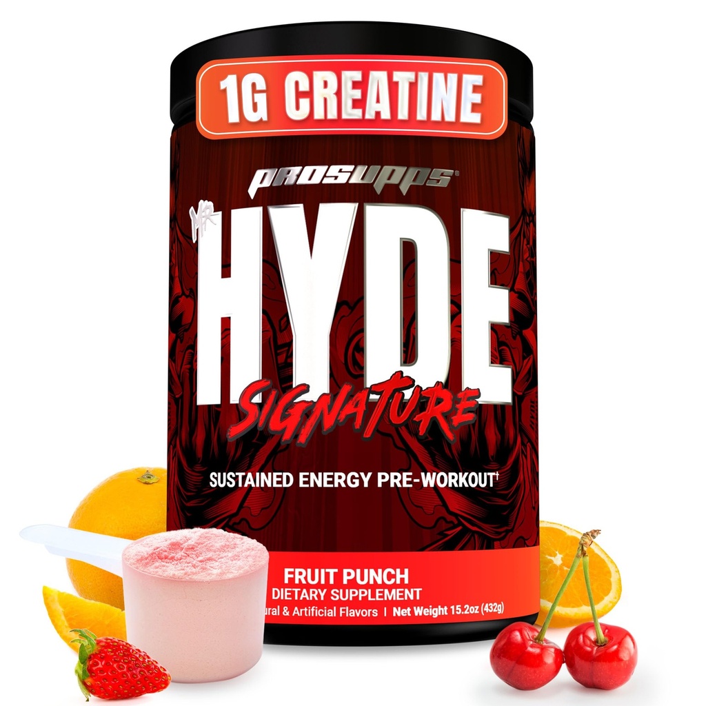 PROFUPS Mr. Hyde Signature Pre Workout Powder with Creatine, Beta Alanin & Caffeine - Výkon, Energie & Vytrvalost - Čisté Fitness & Gym doplňky pro muže a ženy (Ovocný punč, 60 Služeb)