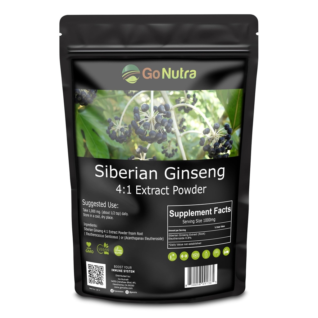 Go Nutra Siberian Ginseng - Eleuthero Root Powder 124; 4: 1 Extract 4X Times Stronger Offici124; Podporuje Energy & Stamina Offici124; Natural & Adaptogenic Officiosus 124; Eleuterococcus Senticosus Officisus 124; Non- GMO Official 124; 4 Ounce