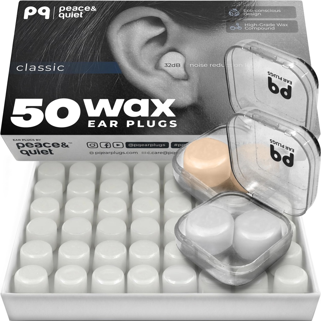PQ Wax Ušní Plugy pro spaní, Plavání - 50 Hluk Zrušení silikonové gelové špunty, Ochrana sluchu pro spánek a plavání, Měkké voskové polštáře se zvukovým blokováním Level 32Db, (50 polštářů), Barva: bílá