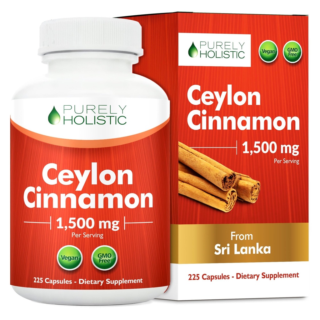 Čistě holistické Ceylon Skořice Kapsle 1500mg, 225 Vegan Skořice Kapsle, 75 Day Supply (25% více Služeb), Pravda Sri Lankan Cejlon Skořice Dodatek