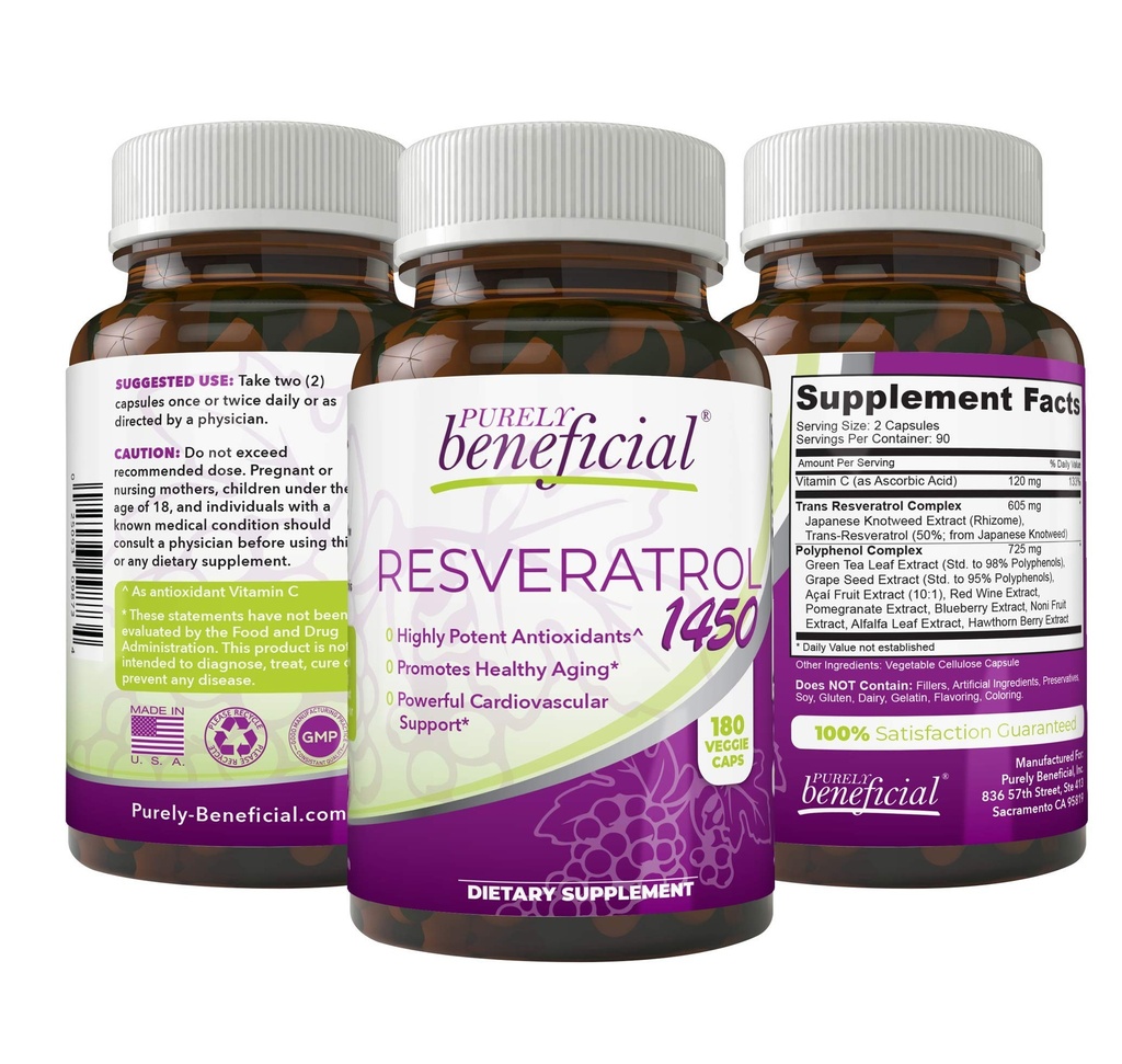 PURELY prospěšný RESVERATROL1450-90day Supply, 1450mg na servírování potentních antioxidantů a trans- resveratrol, Promotes Anti- Aging, Kardiovaskulární podpora, Maximální výhody (1láhev)