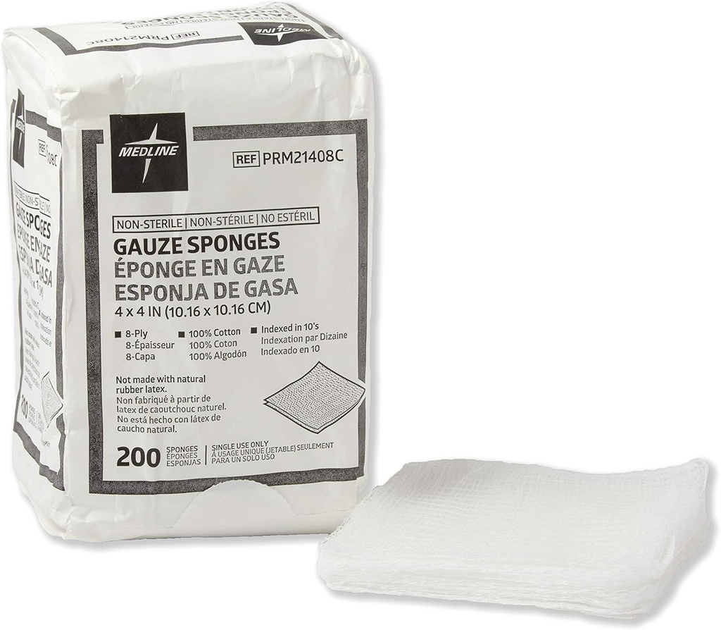Medline Non- sterilní bavlněné gázové houby, 8 Ply, Ideální pro Wound Dressing a čištění, Případ 4000