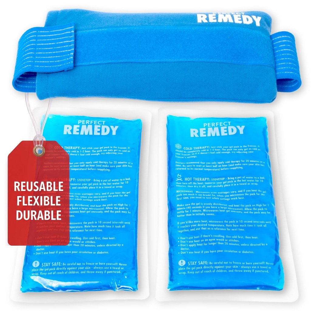 Perfect Remedy 2-Pack gelové ledové balíčky pro zranění se popruhem, flexibilní teplé studené komprese, mýdlo měkké ledové balíčky pro pomoc v zraněných podmínkách, alternativa k horké vody láhve (modrá, pravidelná)