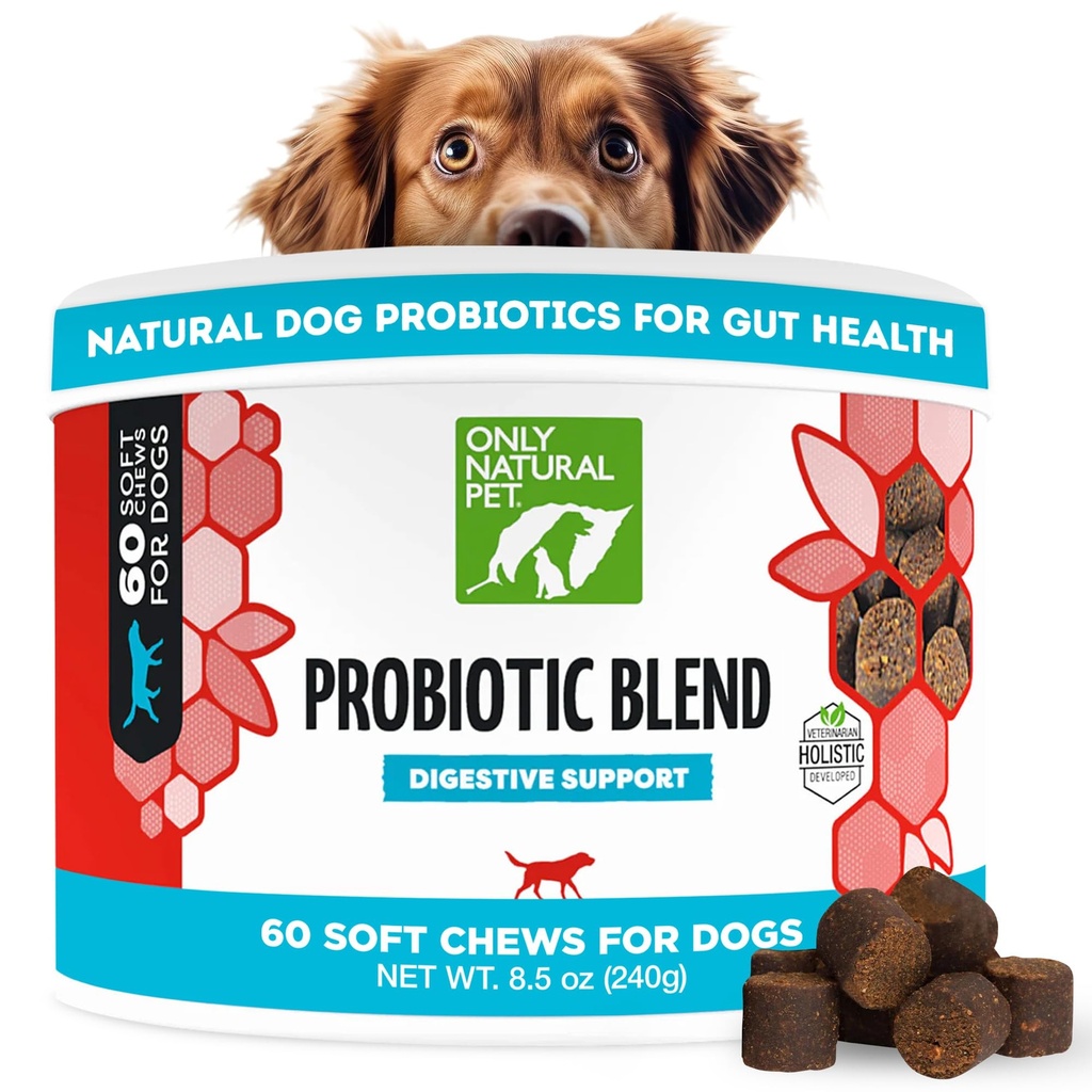 Pouze přírodní pet probiotický pes a kočka dodatek - Digestive & Gut Health Enzyme Formule, Puppy & Canine Digestive Chews, Best for Stomach Relief & Gas Aid - Soft Chews, 60 Count.