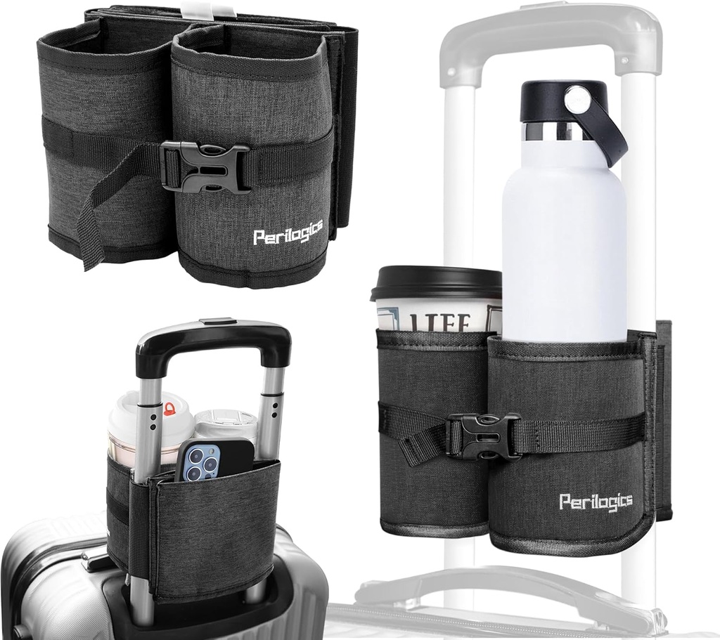Perilogika Zavazadla Cestovní Cup Holder Hands Free Držák nápoje pro Suitcase Handle. Perfect Airplane Travel Essential Accessory Gift for Frequent Traveler, Flight Attendant nebo s dětmi (Dark Gray)