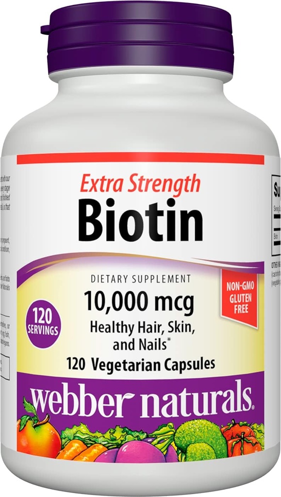 Webber Naturals Biotin 10,000 mcg, Extra síla, 120 Kapsle, Zdravé vlasy, kůže a nehty, Vitamin dodatek, Vegan