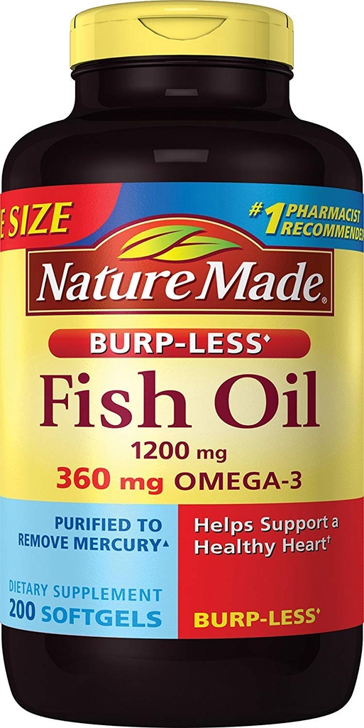 Burp- méně Fish Oil 1200 mg, 200 Softgels, Fish Oil Omega 3 dodatek pro srdeční zdraví
