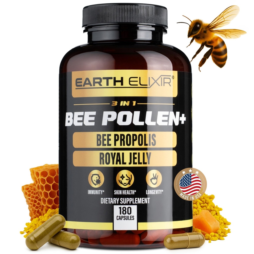Zemní elixír 3-in-1 Organic Bee Pollen Capsule - Non- GMO, Pure Raw Bee Pollen, Royal Jelly, Propolis Extract for Women & Men - Natural Energy, Imunitation & Vitality Support - 180 Propolis Kapsle