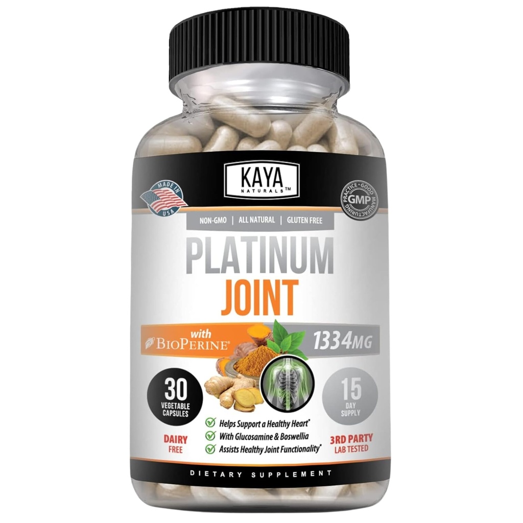 Kaya Naturals Platinum Mobility Turmeric - Bioperin, Glucosamine, Turmeric with Bohwellia, Zdravá přírodní mobilita Podpora, Kurkumin 1334mg - 30 Kapsle