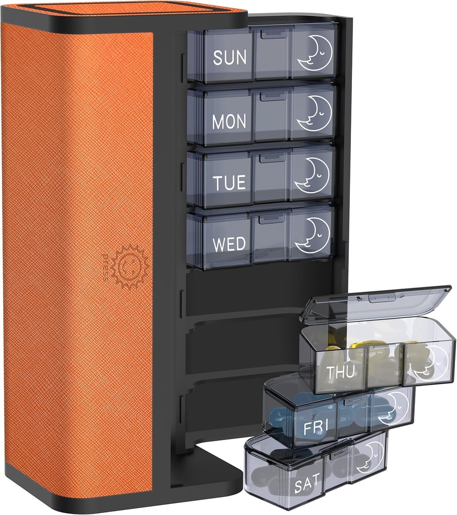7- Day AM / PM Pořadatel pilulek se Scratch-Resistant kůže pouzdro - Přenosný Týdenní cestovní medicína Box s odnímatelné denní puds & Privacy Design (Bright Orange)