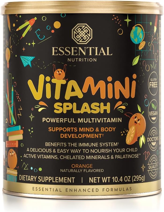Esenciální nutriční vitamini Splash - Kids multivitamin Powder - Nutritional Support - 13 Active Vitamins & 6 Chelated Minerals, Prebiotic Fiber - Orange Flavor - (10.4 oz) - Vegan
