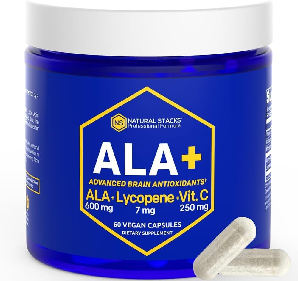 NATURAL STACKS Alfa kyselina lipoová 600mg w / lykopen a vitamin C - dodatek pro imunitu a buněčnou funkci - dodatek pro zdraví mozku
