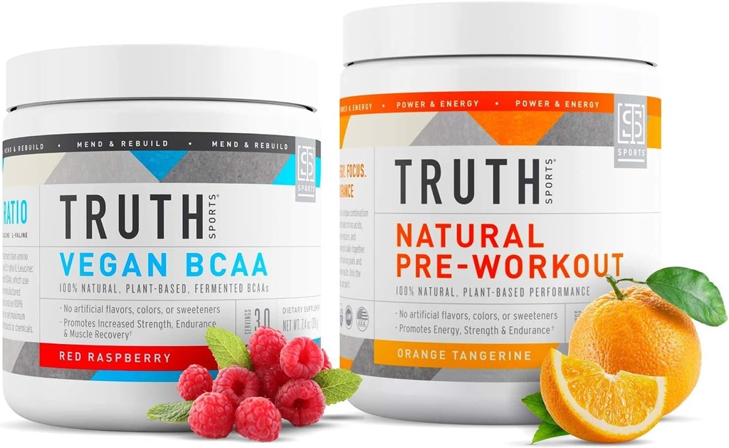 Truth Nutrition Natural Athlete Workout Stack - Natural Preworking (Orange Tangerine) + Vegan BCAA (Red Raspberry)