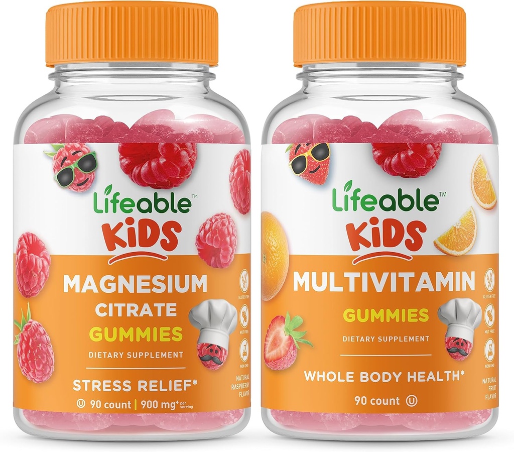 Lifeable Magnesium Kids + Multivitamin Kids, Gummies Bundle - Great Ochutnávání, dodatek k vitamínu, gluten zdarma, GMO zdarma, Žvýkací žlab