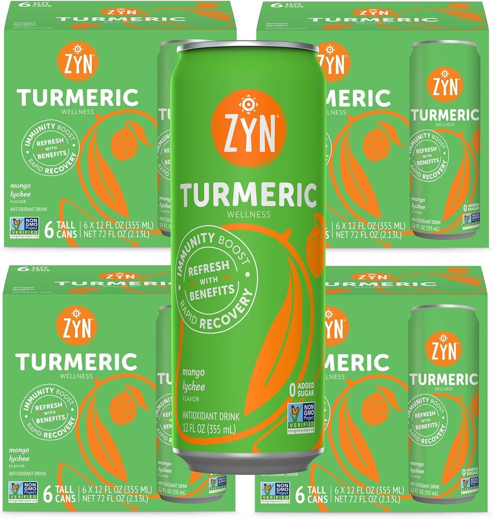 ZYN Turmeric Wellness Drink (24 Pack), Mango Lychee ochucené kurkumin nápoj s černým pepřem, bez přidaného cukru, Nízký karb & Nízké kalorické nápoje, Čistá alternativa