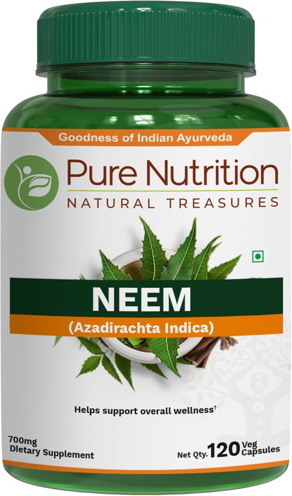 Čistá výživa Neem Kapsle 700mg. (Ekvivalentní k 2600mg Neem Leaf Powder a Bark Powder) Non GMO CLAS124; jednou denně CLAS124; 120 Dny dodávky.