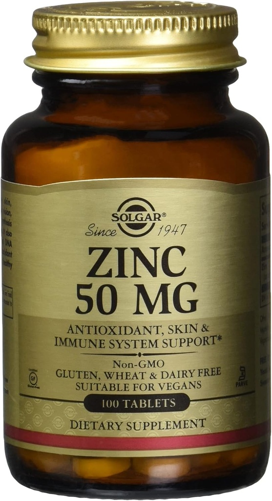 Solgar Zinc 50 Mg, 100 tablet - Zinek pro zdravou pleť, imunitní systém a antioxidační pomůcku - 100 porcí, 100 kusů (balení po 12)