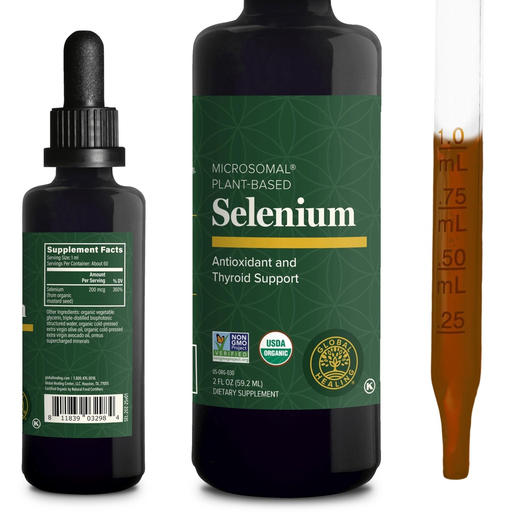 Globální léčebné centrum - Selen 200mcg, Selen Supplement Kapky s organickými složkami, Antioxidanty pro štítné žlázy a imunitní podporu, Non- GMO & gluten- Free, pro muže a ženy - 2 Fl Oz