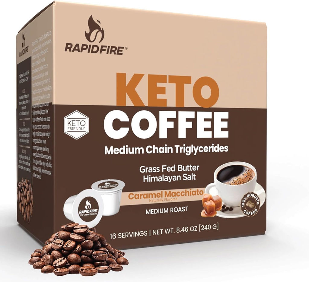 Rapidfire Karamel Macchiato Ketogenic High Performance Keto Coffee Pods, Podporuje energii & Metabolismus, Řízení hmotnosti, Single Serve K Cup, Brown, 16 Počet