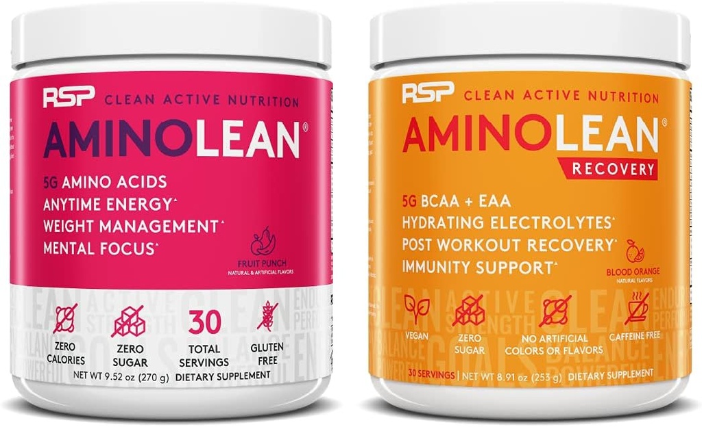 RSP Nutrition AminoLean Pre Workout Energy (Ovocný punč 30 Služeb) s AminoLean Recovery Post Workout Boost (Krvavý pomeranč 30 Služeb)