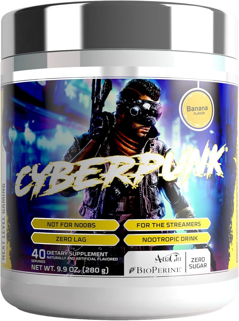 CYBERPUNK Gaming Powder Supplement 124; Energy & Focus Nootropní nápoj 124; Adaptogen Formule + Vitamíny & Minerály 124; Přírodní ingredience 124; 40 Služeb (Banán)